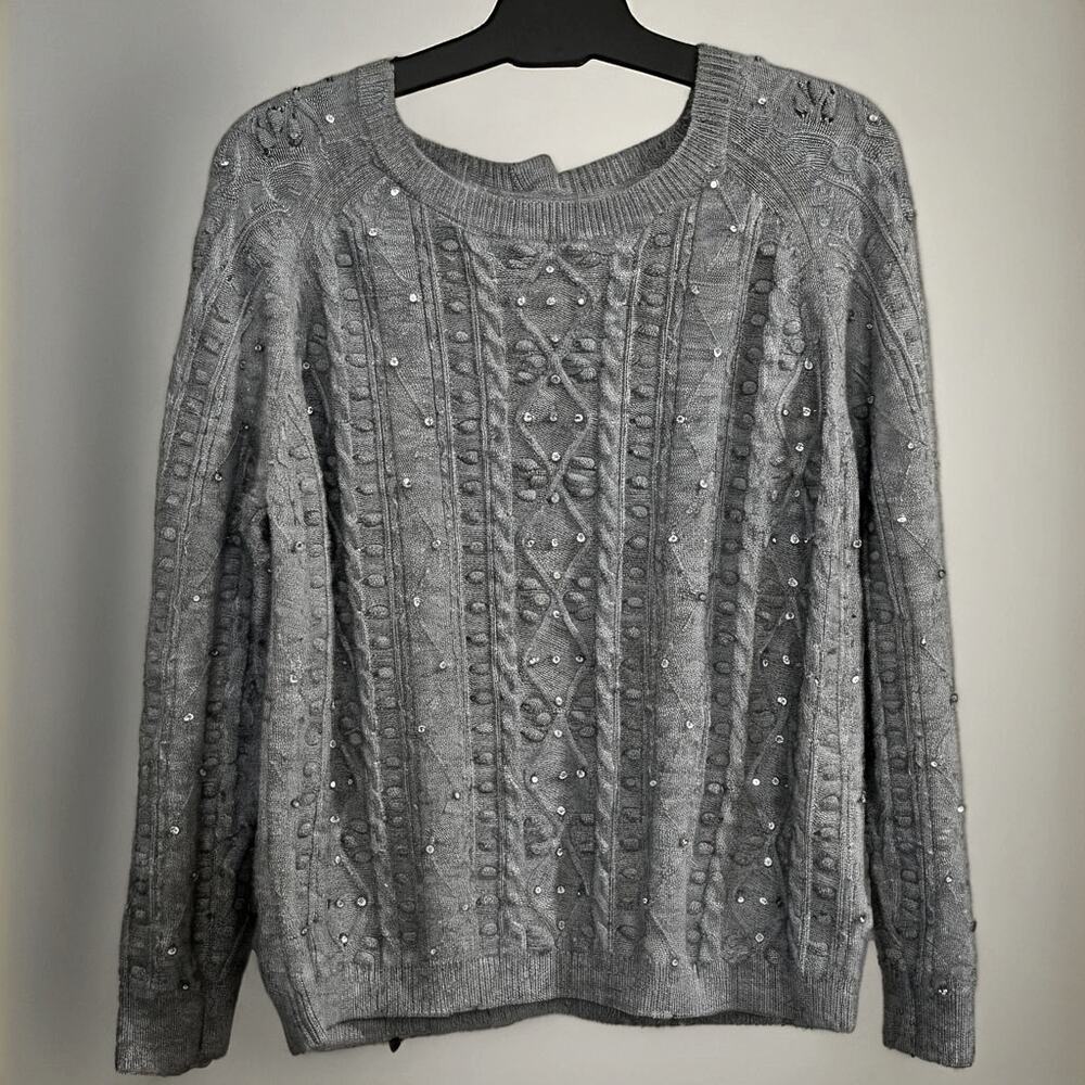 Another Love Carlotta Cable Knit Rhinestone Glam Button-Back Grey XL Dark Gray